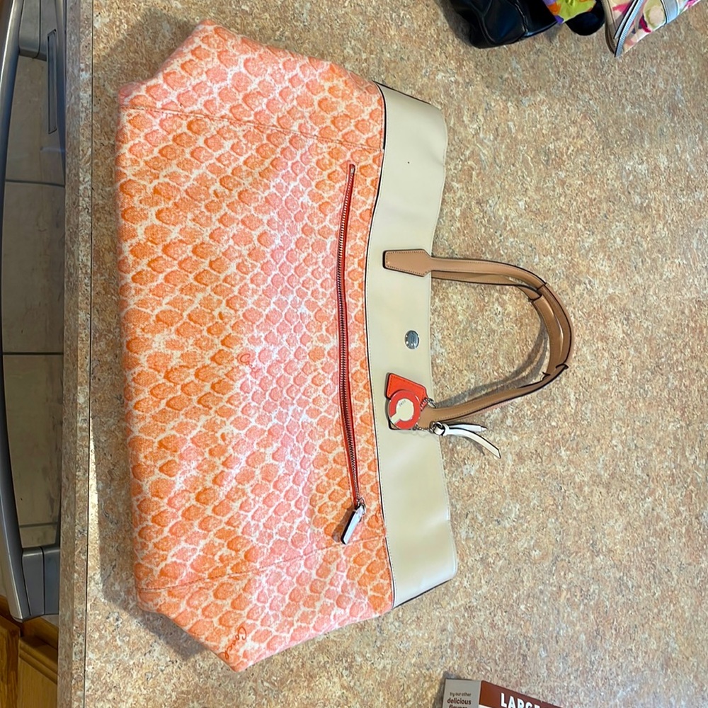 Extra large coral and off-white canvas and leather Coach tote bag